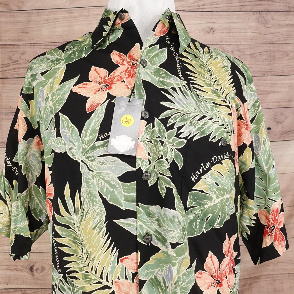 Harley-Davidson‎ Shirt Mens L Black Tropics Short Sleeve Button-Up Viscose